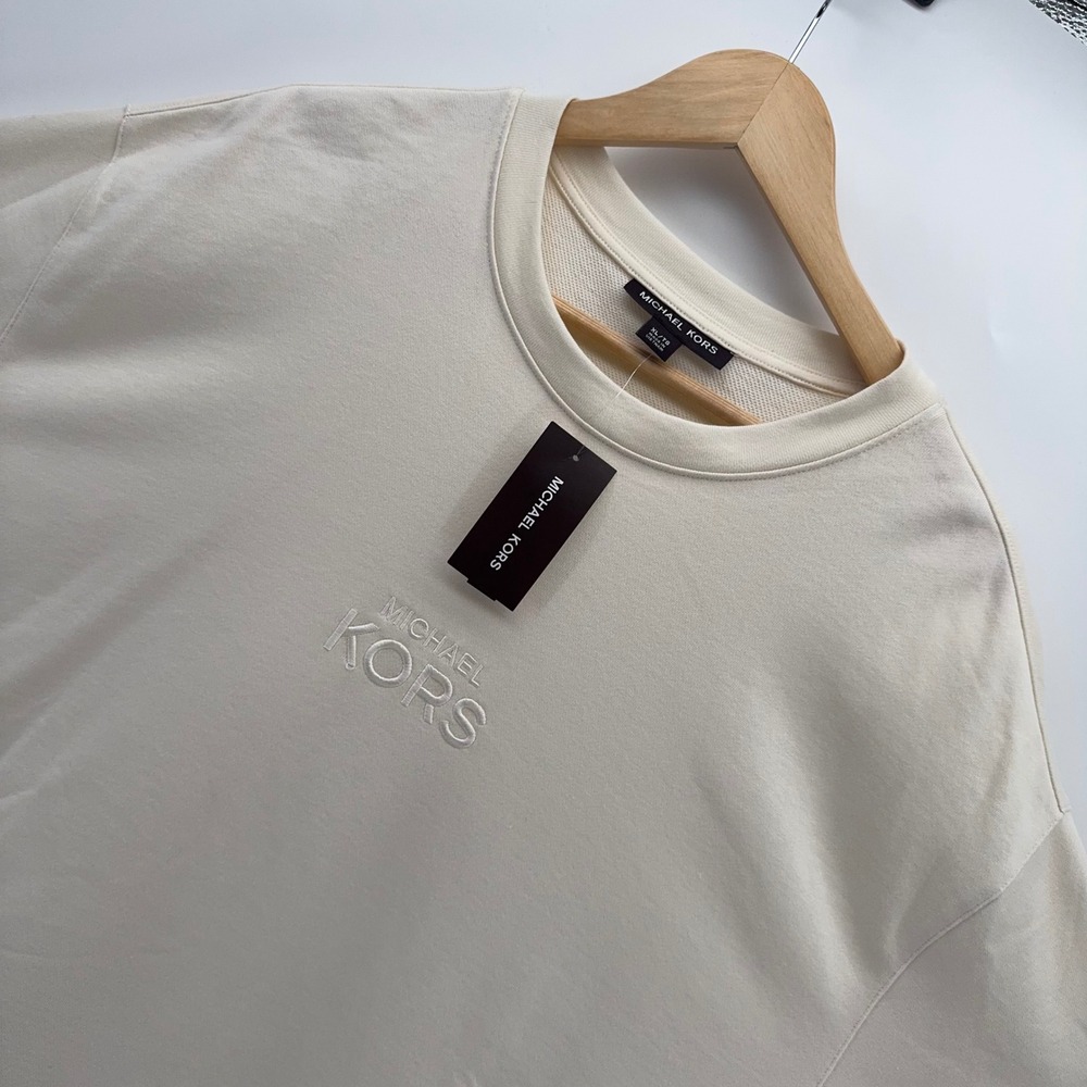 Michael Kors Oversized Logo Sweatshirt Womens XL Bone Short Sleeve Button Detail